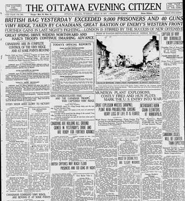 Ottawa Citizen coverage of Vimy Ridge battle from April 10, 1917.