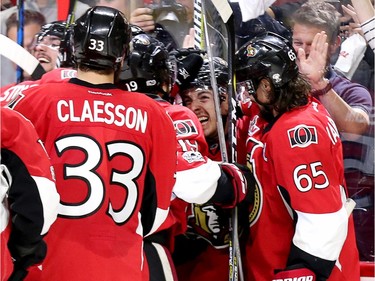 There's absolute joy on the face of Jean-Gabriel Pageau as he is  congratulated on his game-winning goal.