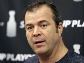 New York Rangers head coach Alain Vigneault talks to reporters after NHL hockey practice in Tarrytown, N.Y., Tuesday, April 25, 2017. The Rangers face the Ottawa Senators in the second round of the Stanley Cup playoffs. Game 1 is scheduled for Thursday in Ottawa.