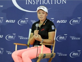 Brooke Henderson addresses the media during a pro am at Mission Hills Country Club on March 29, 2017 in Rancho Mirage, California.