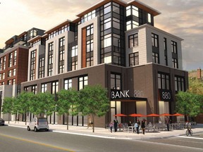 Artist's rendering of a proposed development on Bank Street in the Glebe. The land is currently occupied by The Beer Store and a Mister Muffler auto service garage. Developer Canderel wants to replace those one-storey buildings with a 160-room retirement home and residential care facility.