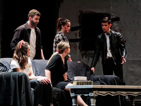 Barbara Blair played by Michaela Tourigny (L), Harry played by Alex Melbourne (2ndFL), Beth played by Daniella Atkinson (3rdFL), Helen played by Kaitlin Clarke (2ndFR), and Tom played by Finley Maclennan, during Sacred Heart High School's Cappies production of Night Of The Living Dead.
