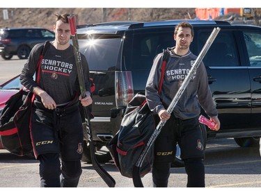 Ben Harpur and Colin White head into the arena as the Ottawa Senators practice at the Bell Sensplex in advance of their next NHL playoff game against the Boston Bruins on Saturday. The Bruins are up 1-0 in a best of seven series.