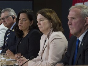 Ralph Goodale, Minister of Public Safety and Emergency Preparedness, Jody Wilson-Raybould, Minister of Justice and Attorney General of Canada, Jane Philpott, Minister of Health and Parliamentary Secretary Bill Blair announce the legalization of marijuana during a news conference in Ottawa on Thursday .