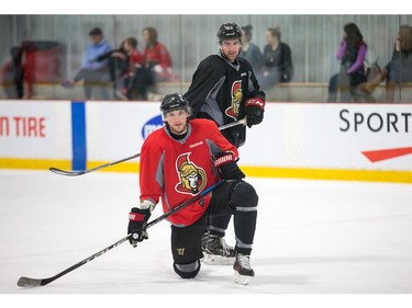 Bobby Ryan and Colin White (rear) as the Ottawa Senators practice at the Bell Sensplex in advance of their next NHL playoff game against the Boston Bruins on Saturday. The Bruins are up 1-0 in a best of seven series.