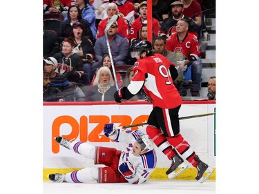 Bobby Ryan jumps over Brady Skjei in the third period.