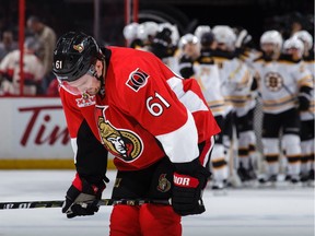 Mark Stone of the Ottawa Senators reacts as the Boston Bruins celebrate a win in Game 1 at the Canadian Tire Centre on Wednesday, April 12, 2017. Stone has gone 16 games without a goal.