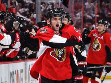 Senators defenceman Chris Wideman celebrates his third-period goal against the Bruins on Saturday.