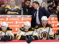 Boston coach Bruce Cassidy reacts to a "too many men on the ice" penalty in the third period against his team in the third period of Friday's game.  Wayne Cuddington/Postmedia