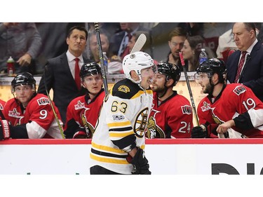 The Bruins' Brad Marchand skates past the Senators bench with his tongue hanging out scoring what turned out to be the game-winning goal in the third period of Game 1 on Wednesday, April 12, 2017, at the Canadian Tire Centre.