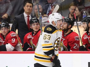 The Bruins' Brad Marchand skates past the Senators bench with his tongue hanging out scoring what turned out to be the game-winning goal in the third period of Game 1 on Wednesday, April 12, 2017, at the Canadian Tire Centre.
