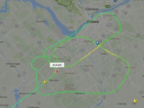 Flight track of Aair Canada Flt. 440 from Toronto, waiting for clearance to land in Ottawa in early fog.