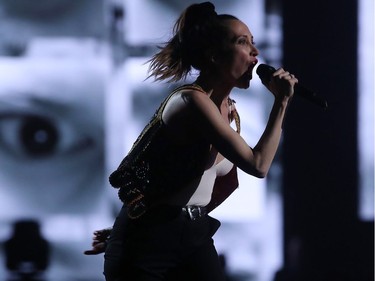 Leah Fay of the July Talk performs during the JUNO awards show at the Canadian Tire Centre in Ottawa, Ontario, on April 2, 2017.