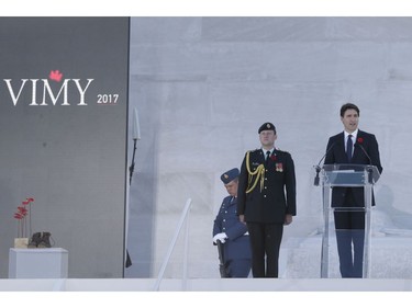 Canadian Prime Minister Justin Trudeau addresses the audience during a ceremony marking the 100th anniversary of the Battle of Vimy Ridge at the WWI Canadian National Vimy Memorial in Givenchy-en-Gohelle, France on Sunday, April 9, 2017. The commemorative ceremony at the memorial honors Canadian soldiers who were killed or wounded during the Battle of Vimy Ridge in April 1917.