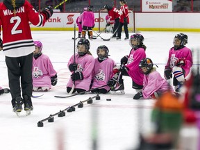 Cassie Campbell-Pascall was on the ice with girls aged 7-12 for Scotiabank Girls HockeyFest at Canadian Tire Centre Sunday April 9, 2017. The program included on and off ice training from former Olympian Campbell-Pascale and members of the University of Ottawa GeeGees and the Carlton University Ravens Women's Hockey Teams.   Ashley Fraser/Postmedia