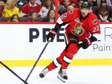 Chris Kelly of the Ottawa Senators against the Boston Bruins during the first period.