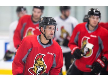 Clarke MacArthur and the rest of the team warm up as the Ottawa Senators practice at the Bell Sensplex in advance of their next NHL playoff game against the Boston Bruins on Saturday. The Bruins are up 1-0 in a best of seven series.