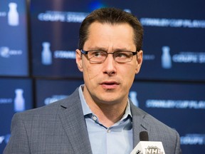 Coach Guy Boucher answers questions following the Ottawa Senators practice at the Canadian Tire Centre in preparation for Round 2 against the New York Rangers in the NHL playoffs.