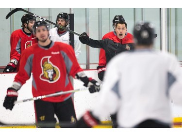 Coach Guy Boucher vents a little during a drill as the Ottawa Senators practice at the Bell Sensplex in advance of their next NHL playoff game against the Boston Bruins on Saturday. The Bruins are up 1-0 in a best of seven series.