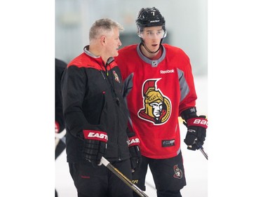 Coach Marc Crawford chats with Kyle Turris as the Ottawa Senators practice at the Bell Sensplex in advance of their next NHL playoff game against the Boston Bruins on Saturday. The Bruins are up 1-0 in a best of seven series.