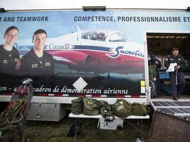 Cpl Marc-André De-Serres goes over the safety gear prior to the Snowbirds media flight out of the Gatineau Airport to fly over Ottawa Saturday April 29, 2017.   Ashley Fraser/Postmedia