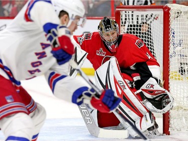 Craig Anderson keeps his on the puck in the first overtime period.