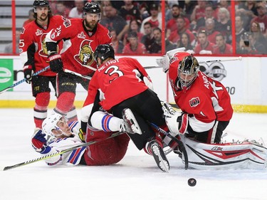 Craig Anderson looks to jump on the puck in the second period as the Ottawa Senators and New York Rangers meet in Game 2 of the Eastern Conference semifinal at the CTC on Saturday, April 29, 2017.