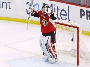 Ottawa Senators goalie Craig Anderson celebrates after defeating the New York Rangers in Game 1 of a second-round playoff series in Ottawa on Thursday, April 27, 2017.