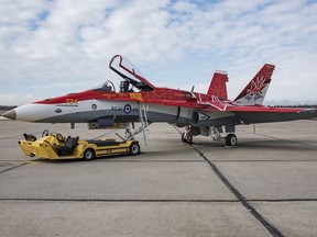 The 2017 CF-188 Hornet aircraft Demonstration Jet (CF188734) during its official unveiling at Hangar 7, 4 Wing Cold Lake, Alberta on April 4, 2017.
Image by: Corporal Bryan Carter, 4 Wing
CK04-2017-0264-001