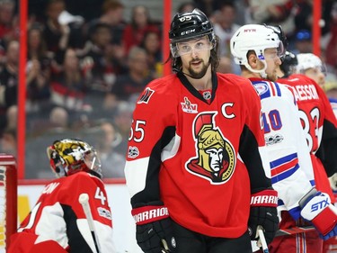 Erik Karlsson of the Ottawa Senators shows his disappointment after a poor shift against the New York Rangers.