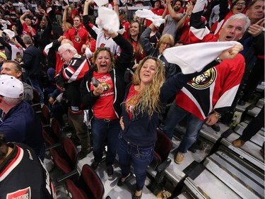 Fans celebrate the tying goal in the third period.