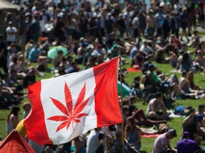 A marijuana flag flaps in the wind above the crowd at the annual 4/20 cannabis culture celebration at Sunset Beach in Vancouver, B.C., on Wednesday April 20, 2016.