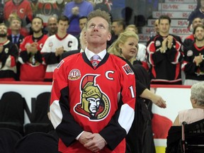 Daniel Alfredsson, seen here during his jersey retirement ceremony in December, says he likes where the 2016-17 Senators are as the playoffs approach.