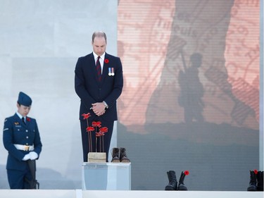 Britain's Prince William, Duke of Cambridge, stands during a commemoration ceremony to mark the 100th anniversary of the Battle of Vimy Ridge, a World War I battle which was a costly victory for Canada, but one that helped shape the former British colony's national identity, at the Canadian National Vimy Memorial in Vimy, near Arras, northern France, on April 9, 2017. /