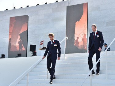 Britain's Prince Harry (L) and Britain's Prince William, Duke of Cambridge (R) walks at the Canadian National Vimy Memorial in Vimy, near Arras, northern France, on April 9, 2017, during a commemoration ceremony to mark the 100th anniversary of the Battle of Vimy Ridge, a World War I battle which was a costly victory for Canada, but one that helped shape the former British colony's national identity.