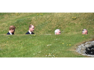 Britain's Charles, Prince of Wales (R), Governor General of Canada David Johnston (2nd R), Britain's Prince William, Duke of Cambridge (2nd L) and Britain's Prince Harry (L) visit the Canadian National Vimy Memorial in Vimy, near Arras, northern France, on April 9, 2017, during a commemoration ceremony to mark the 100th anniversary of the Battle of Vimy Ridge, a World War I battle which was a costly victory for Canada, but one that helped shape the former British colony's national identity.  /