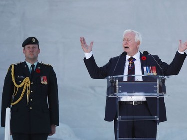 Canadian Governor-General David Johnston delivers a speech during a commemoration ceremony to mark the 100th anniversary of the Battle of Vimy Ridge, a World War I battle which was a costly victory for Canada, but one that helped shape the former British colony's national identity, at the Canadian National Vimy Memorial in Vimy, near Arras, northern France, on April 9, 2017. /