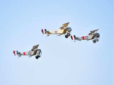 World War I French aircrafts fly over the Canadian National Vimy Memorial in Vimy, near Arras, northern France, on April 9, 2017, during a commemoration ceremony to mark the 100th anniversary of the Battle of Vimy Ridge, a World War I battle which was a costly victory for Canada, but one that helped shape the former British colony's national identity.