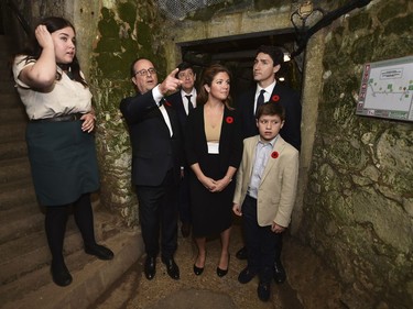 French President Francois Hollande, 2nd left, Canadian Prime Minister Justin Trudeau, his wife Sophie Gregoire, center, and son Xavier visit the WWI Canadian National Vimy Memorial in Vimy, France Sunday, April 9, 2017. The commemorative ceremony at the memorial honors Canadian soldiers who were killed or wounded during the Battle of Vimy Ridge in April 1917.