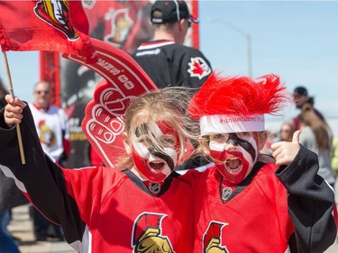 Kiera Cantley, 6, and best friend Brooke Tereschuk, 5, in the Red Zone outside Canadian Tire Centre.