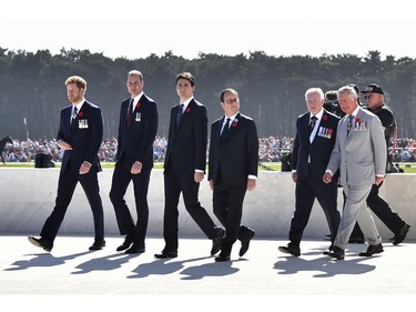 From left to right : Britain's Prince Harry, Britain's Prince William, Duke of Cambridge, Canadian Prime Minister Justin Trudeau, French President Francois Hollande, Governor General of Canada David Johnston and Britain's Charles, Prince of Wales, attend the commemorations of the 100th anniversary of the Battle of Vimy Ridge at the WWI Canadian National Vimy Memorial in Vimy, France, Sunday, April 9, 2017. The commemorative ceremony at the memorial honors Canadian soldiers who were killed or wounded during the Battle of Vimy Ridge in April 1917.