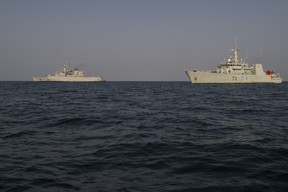 This file photo shows the Royal Moroccan Navy Frigate, Hassan II, and HMCS Summerside sailing side by side, off the coast of Sierra Leone, during Neptune Trident 17-01, on March 26, 2017. Photo: MCpl Pat Blanchard, Canadian Forces.