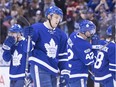 Maple Leafs forward James van Riemsdyk, middle, and his teammates react after losing to the Blue Jackets in Toronto on Sunday. Chris Young/THE CANADIAN PRESS