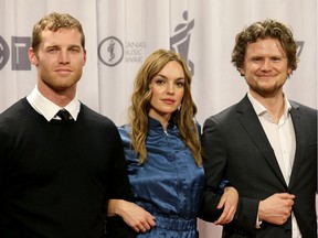 Jared Keeso, Michelle Mylett, and Nathan Dales from Letterkenny backstage at the Juno Awards held on Sunday at the Canadian Tire Centre.