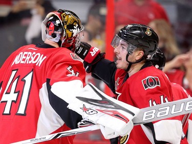 Jean-Gabriel Pageau and Craig Anderson embrace after the Game 2 win.