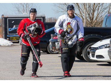 Jean-Gabriel Pageau and Fredrik Claesson head into the arena as the Ottawa Senators practice at the Bell Sensplex in advance of their next NHL playoff game against the Boston Bruins on Saturday. The Bruins are up 1-0 in a best of seven series.