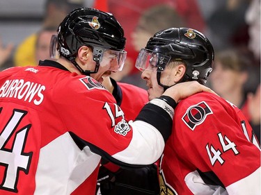 Jean-Gabriel Pageau is congratulated by Alex Burrows on his game-winning goal.