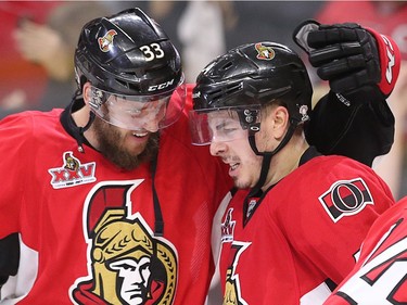 Jean-Gabriel Pageau is congratulated by Fredrik Claesson on his game-winning goal.