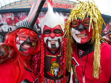 Jennifer Howell, (from left) Steve Barnett, and Carmel Bourgeois in the Red Zone before the Ottawa Senators took on the Boston Bruins in Game 5 at the Canadian Tire Centre on Friday, April 21 2017.
