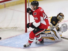 Jean-Gabriel Pageau glides past Bruins netminder Tuukka Rask after scoring a breakaway goal in the second period of Game 5 on Friday night.  Wayne Cuddington/Postmedia